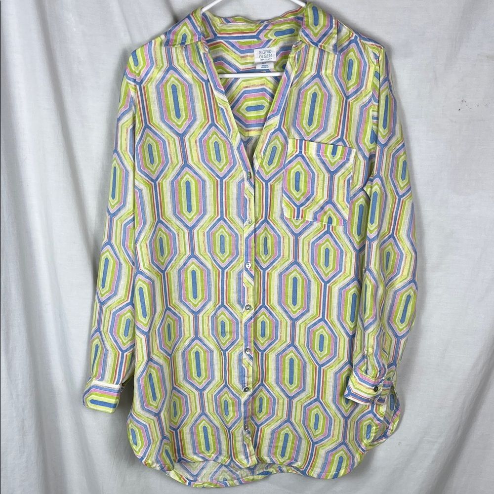 Sigrid Olsen Oversized Linen Tunic Shirt Hexagonal Pattern